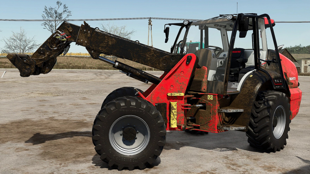 Farming Simulator 25 mod: Manitou MLAT533 telehandler with attachment in a dirt lot, realistic and detailed for FS25 mods.
