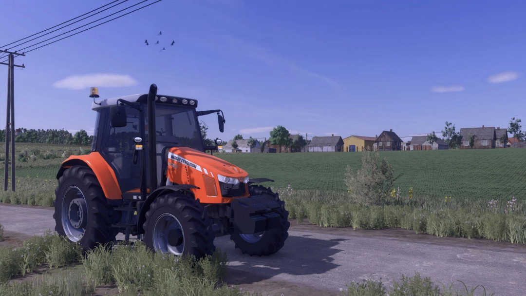 Farming Simulator 25 mod: Massey Ferguson 5400 Series tractor on a rural farm road with fields and houses in the background.
