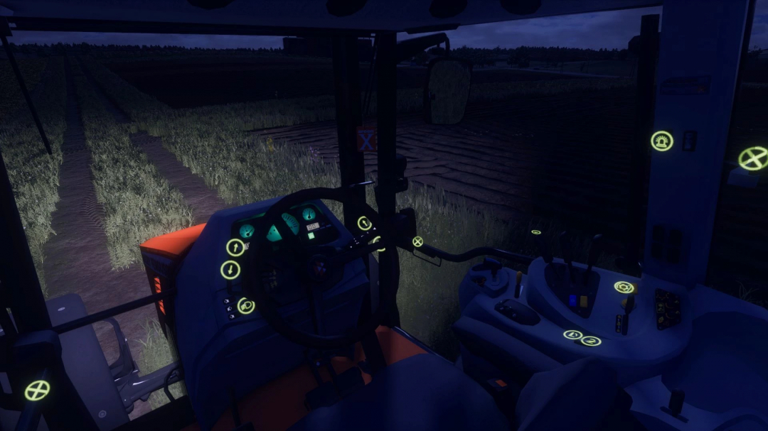 Inside view of a tractor in Farming Simulator 25, Massey Ferguson 5400 Series mod, showing the dashboard and field at night.