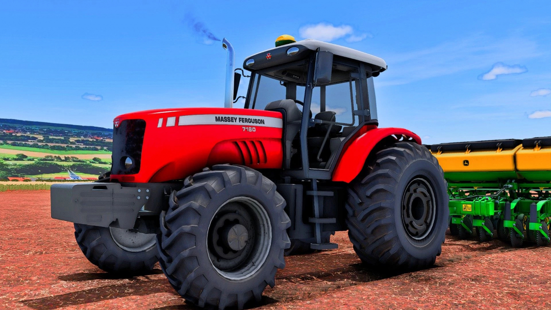 Farming Simulator 25 mod: Massey Ferguson 7180 tractor on field with farming equipment, realistic farming scene.