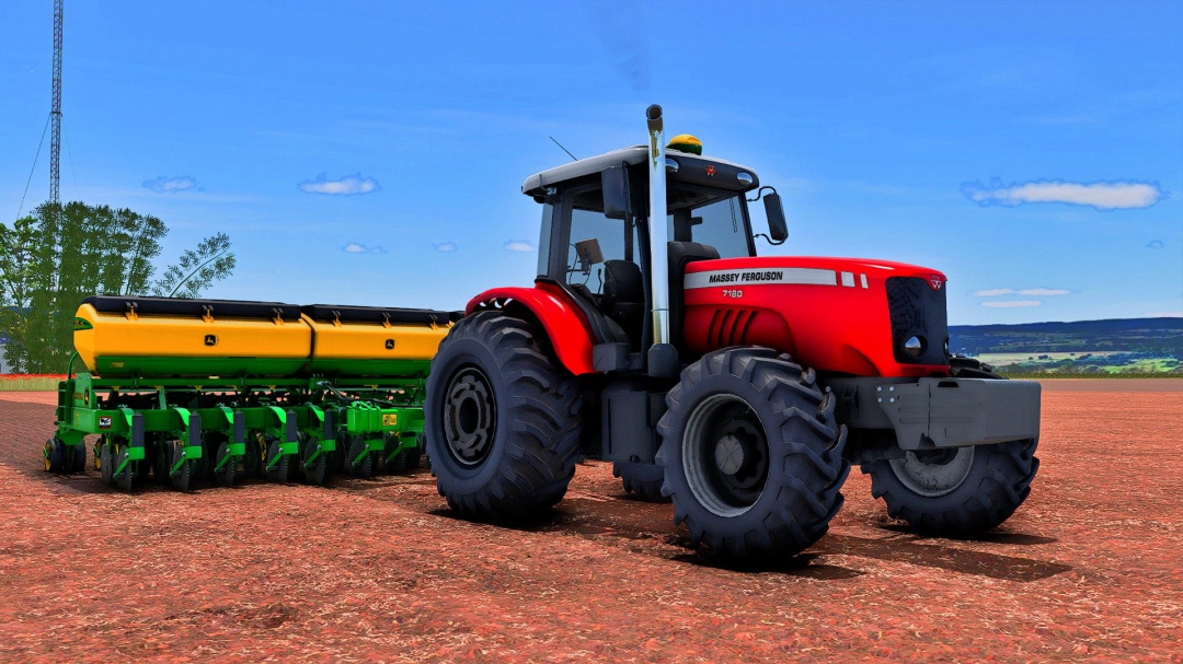 Farming Simulator 25 mod: Massey Ferguson 7180 tractor with attached planter on a farm field.