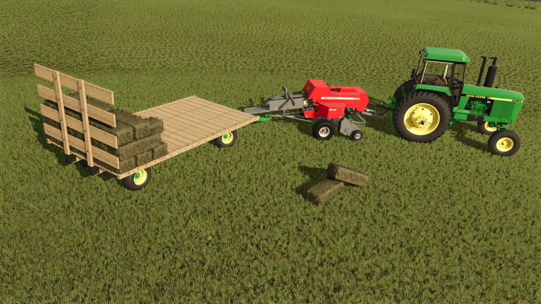 Farming Simulator 25 mod: John Deere tractor with Massey Ferguson MF 1840 baler and hay bale trailer for farming tasks.