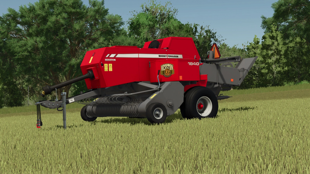 Farming Simulator 25 mod featuring the Massey Ferguson MF 1840 Baler on a grassy field with trees, highlighting FS25 mods and farming equipment.
