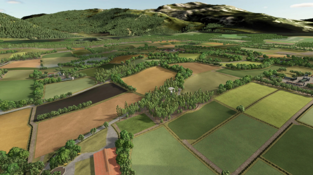 A detailed aerial view of a farm landscape with fields, trees, and hills, showcasing mods from Farming Simulator 25, Maypole Farm v1.0.0.0.