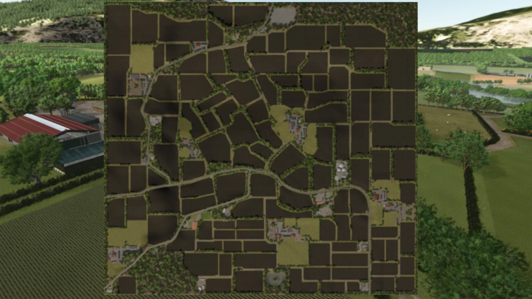A detailed map of Maypole Farm from FS25 mods in Farming Simulator 25, showing fields, roads, and farm buildings.