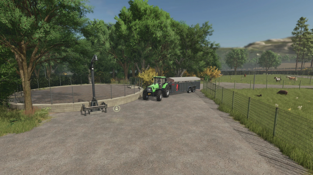 Farming Simulator 25 mod: Maypole Farm v1.0.0.0 with tractor, trailer, and farm scenery in a lush rural setting.