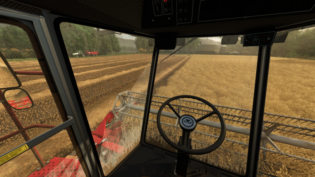 Inside view of a tractor cab in Farming Simulator 25 with Maypole Farm mod, harvesting wheat on a farm field, realistic graphics.