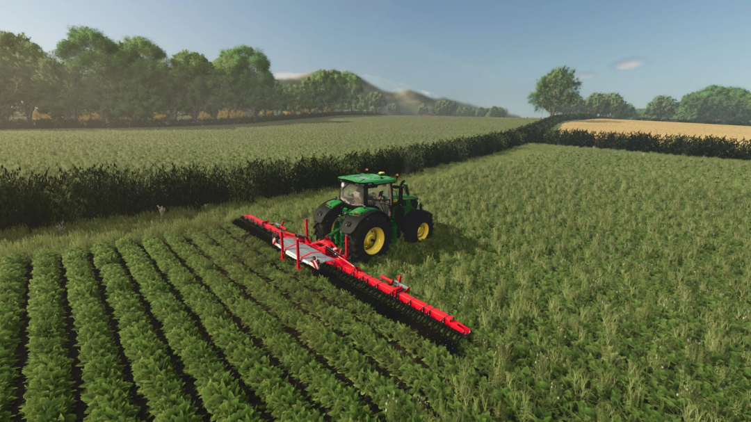 Farming Simulator 25 mod: Maypole Farm v1.0.0.0, tractor with a red implement working in green fields during sunny weather.