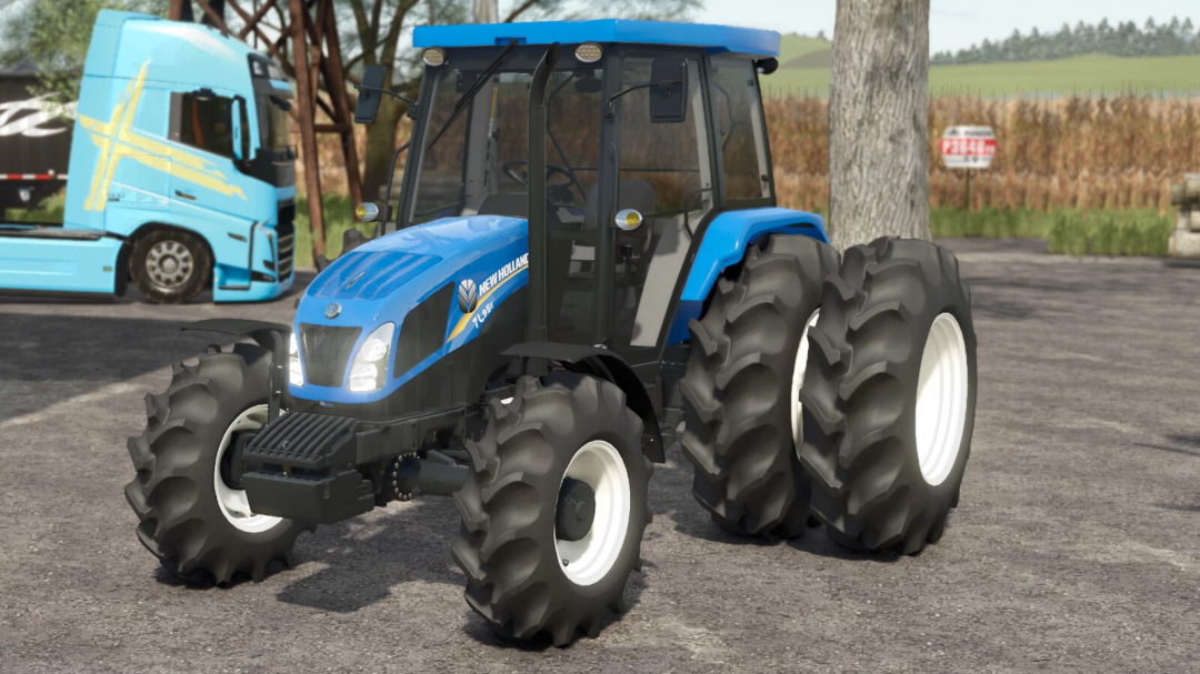 Blue New Holland TL Exitus Series 2014 tractor mod from Farming Simulator 25, with large rear tires and enclosed cab, in a farm setting.