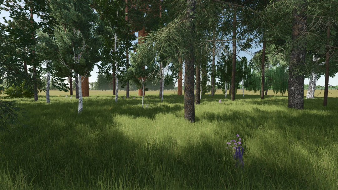 Farming Simulator 25 mod image showing a forest with various tree types and new tree limit from the New trees types + new tree limit v1.1.3.0 mod.