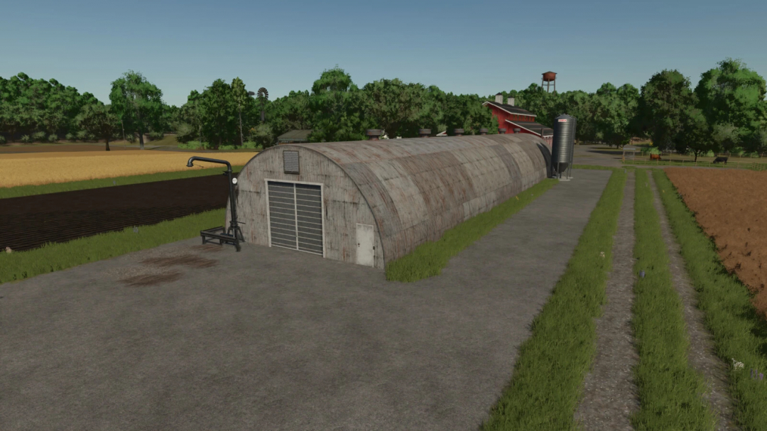 Old Tin Pigsty v1.0.0.0 mod for Farming Simulator 25, a rusty metal pigsty shed on a farm with surrounding fields and trees.