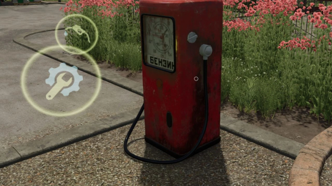 Old red diesel station from Farming Simulator 25 mods, with fuel gauge and vintage design, located on a farm driveway.