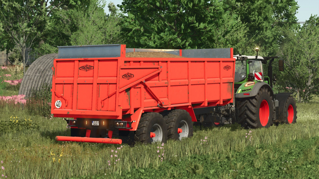 FS25 mod featuring the Orange ORM 180 trailer attached to a tractor in Farming Simulator 25.