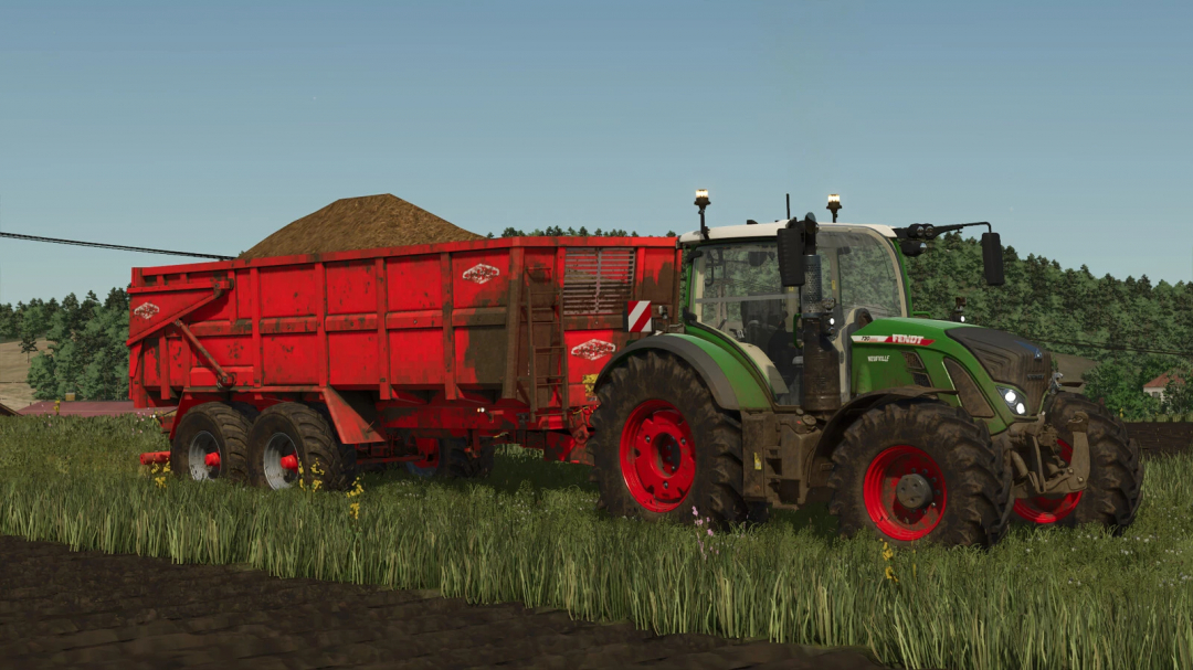 Farming Simulator 25 mod featuring a green Fendt tractor pulling a red trailer loaded with soil or compost, with a rural farm background.