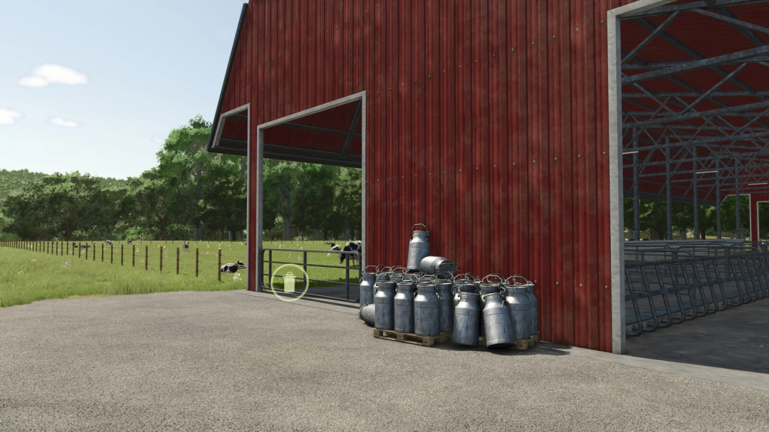Farming Simulator 25 mods: Modern milk cans stacked outside a red barn, part of the Pack With Modified Rearing Barns v1.0.0.0 for FS25.