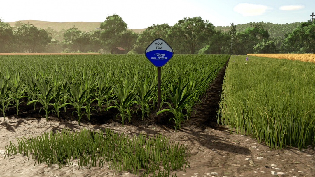 Farming Simulator 25 mod image showing a crop field with a sign for a modified rearing barn pack v1.0.0.0 for FS25 mods.