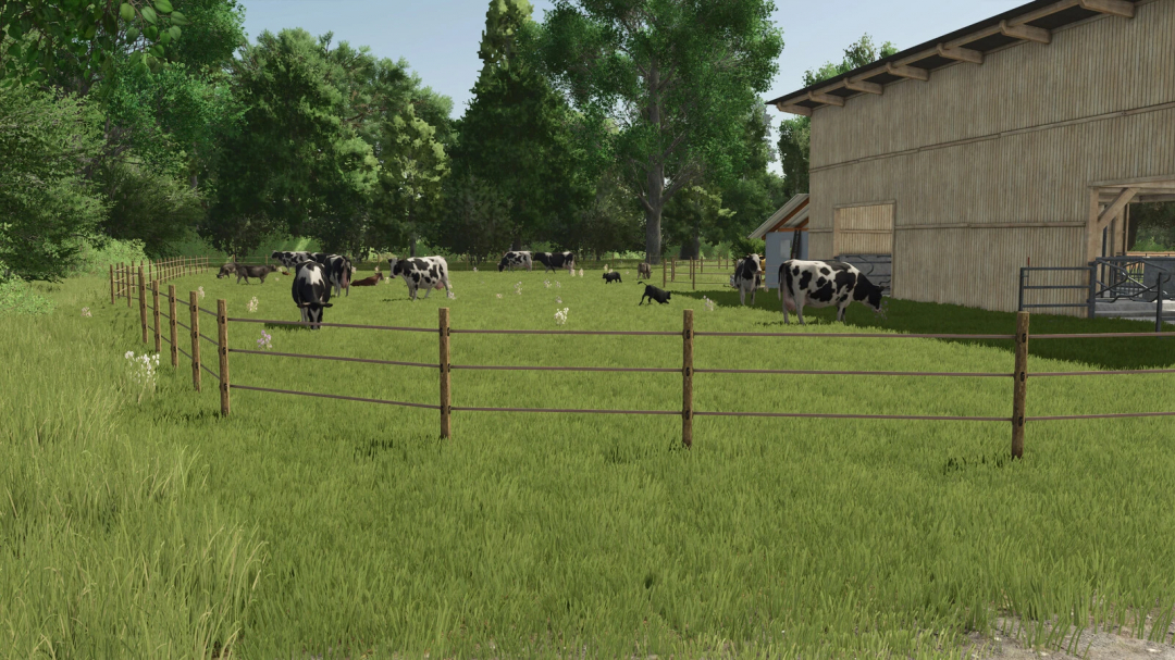 Farming Simulator 25 mod: a lush green cow rearing barn with cows, sheep, and a farmhouse in the background, part of the Pack With Modified Rearing Barns v1.0.0.0