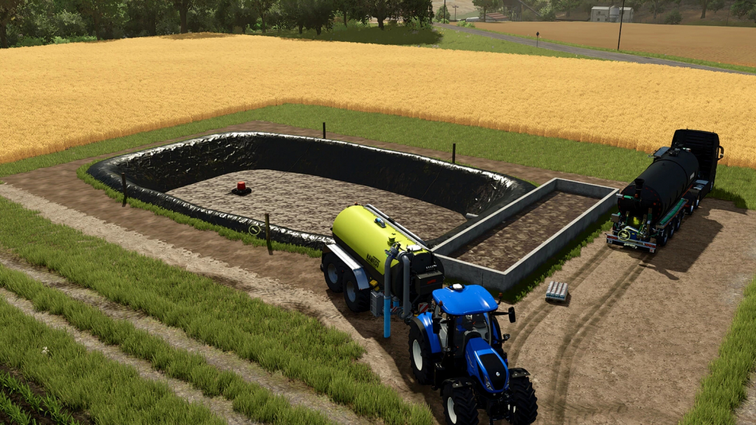 Farming Simulator 25 mod showcasing a rearing barn with a tank truck for liquid manure, part of the Pack With Modified Rearing Barns v1.0.0.0.