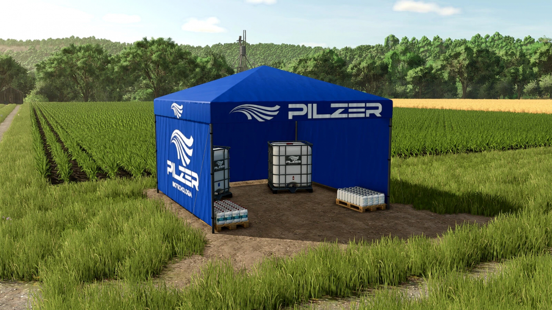 Farming Simulator 25 mod: blue tent with 'PILZER' branding, for storing liquids, set in a green field with crops and trees in the background.