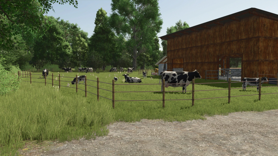 Farming Simulator 25 mods showcasing a pasture with Holstein cows near a wooden barn, part of the Pack With Modified Rearing Barns v1.0.0.0.