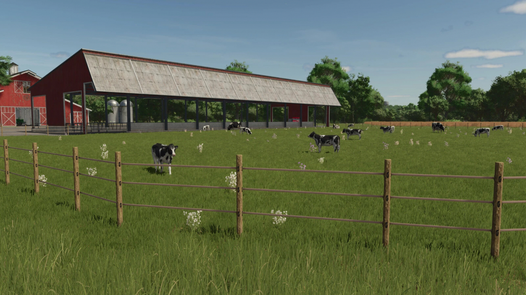 Farming Simulator 25 mod showcasing a farm with a red barn, cow pasture, and the Pack With Modified Rearing Barns v1.0.0.0 for FS25 mods.