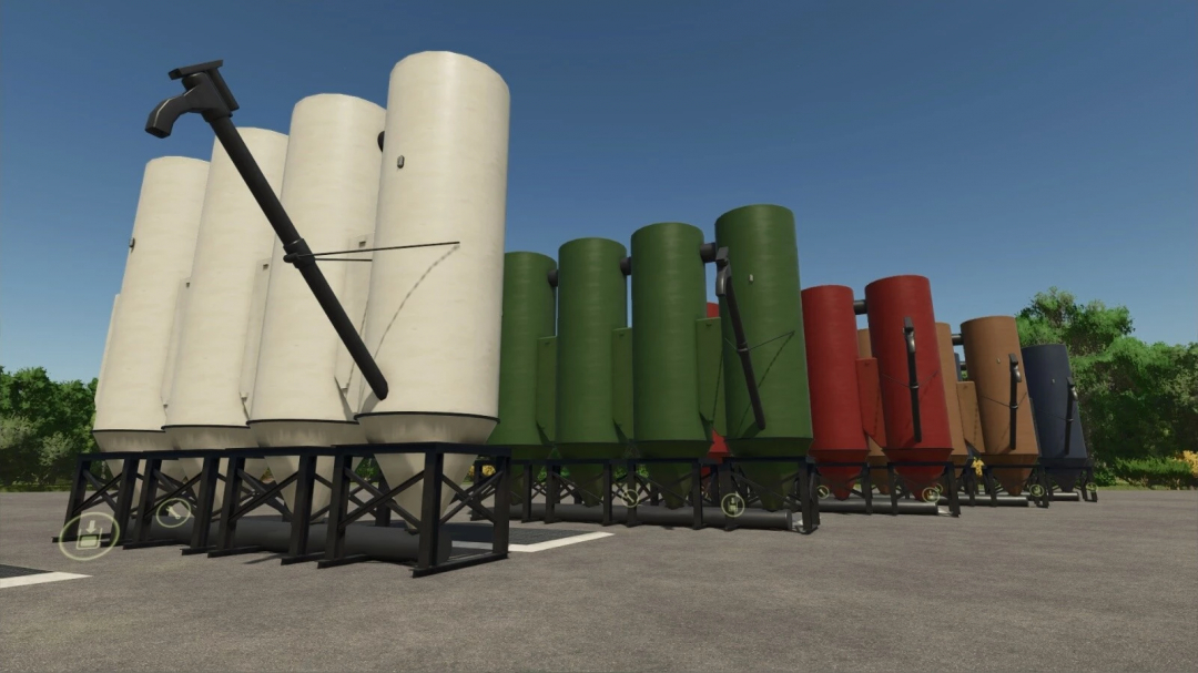 Colorful silo storage tanks with pig food production equipment in Farming Simulator 25 mods, part of the Pigfood Production v1.0.0.0 mod.