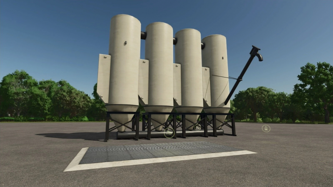 Farming Simulator 25 mod showcasing a large pigfood production unit with silos and an attached conveyor auger for pigfood processing.