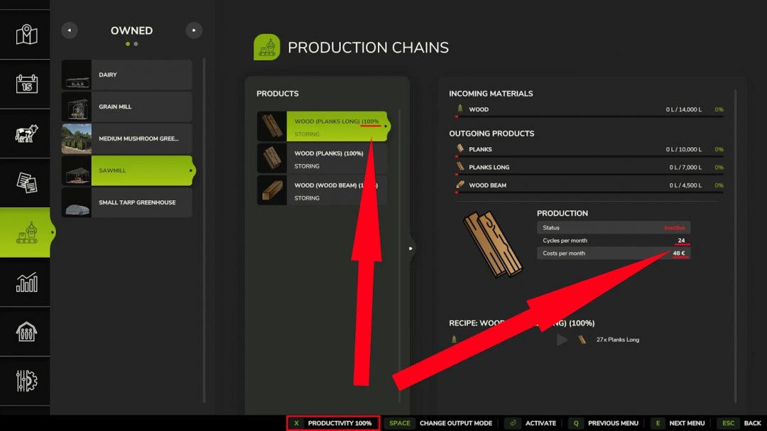 Farming Simulator 25 mod interface showing production control for sawmill with details on input materials, output products, and costs.