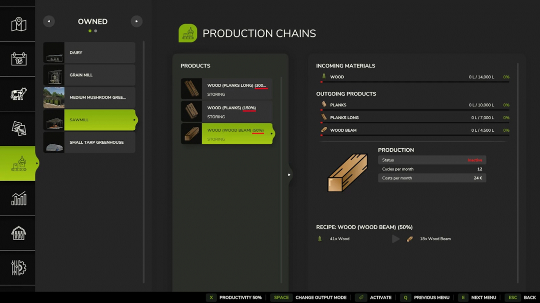 Farming Simulator 25 mod interface showing production control for wood beams, with input, output, and status details.