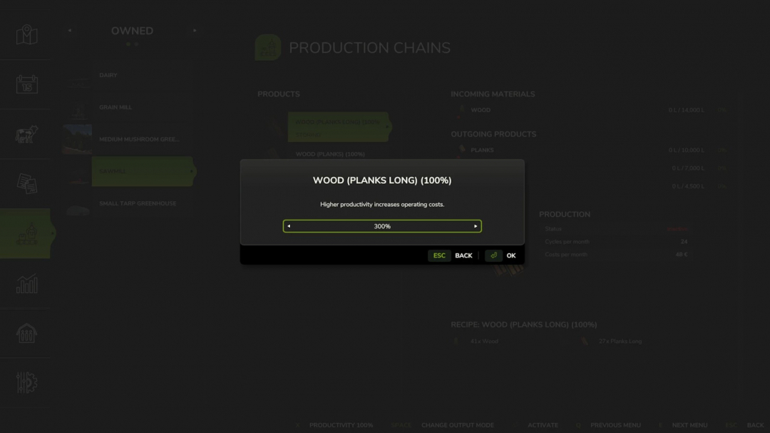 Farming Simulator 25 mod screen showing Production Control with wood processing, highlighting the production chains and incoming/outgoing materials.