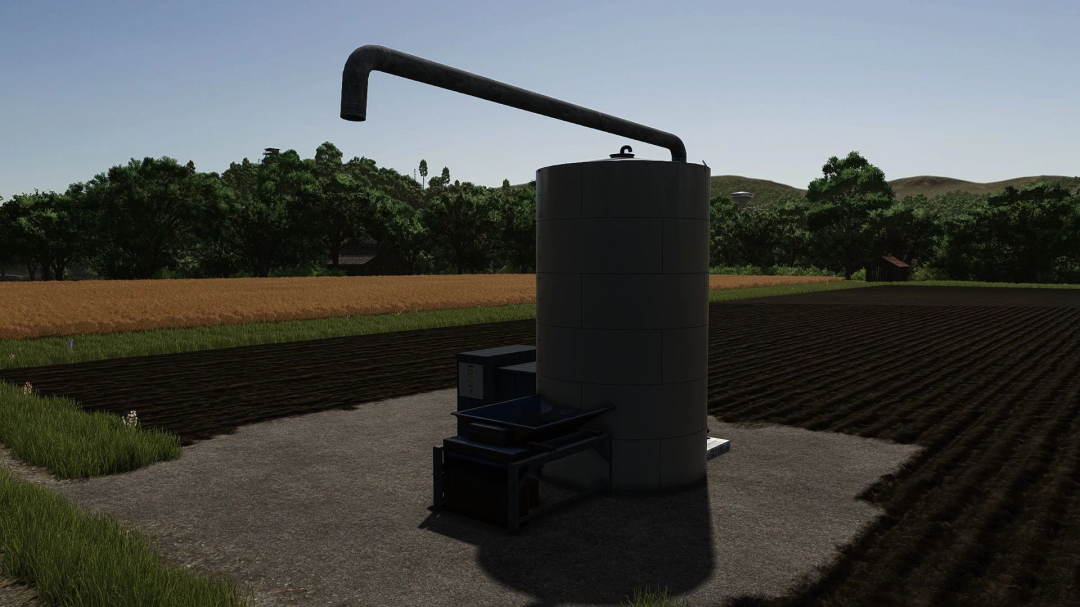 Farming Simulator 25 mod: Production of feed for pigs v1.0.0.0, featuring a feed mixer and storage silos on a farm field.