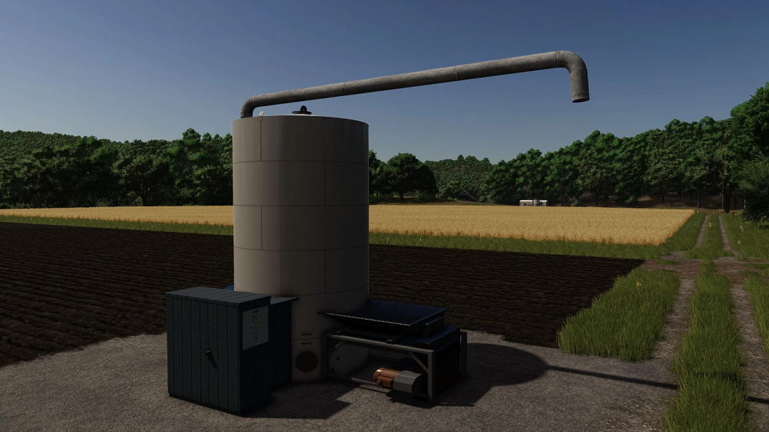 Feed production for pigs mod in Farming Simulator 25, showing a feed mixer and storage tank in a rural field environment.