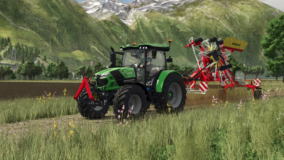 Farming Simulator 25 mod: Deutz-Fahr tractor with Pöttinger TOP 722 implement for effective farming.