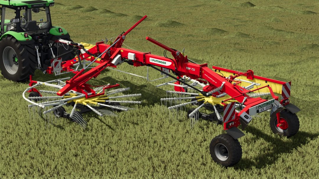 Farming Simulator 25 mod featuring the Pöttinger TOP 722 grass rake attached to a green tractor, used for harvesting hay.