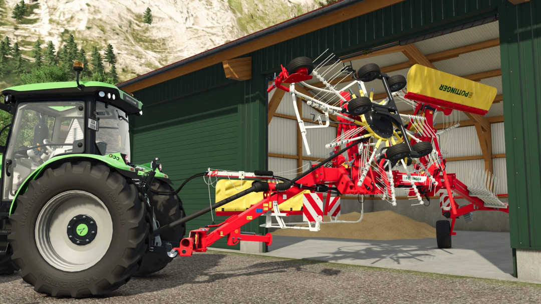 Farming Simulator 25 mod: Tractor with Pöttinger TOP 722 hay rake attachment inside a barn.