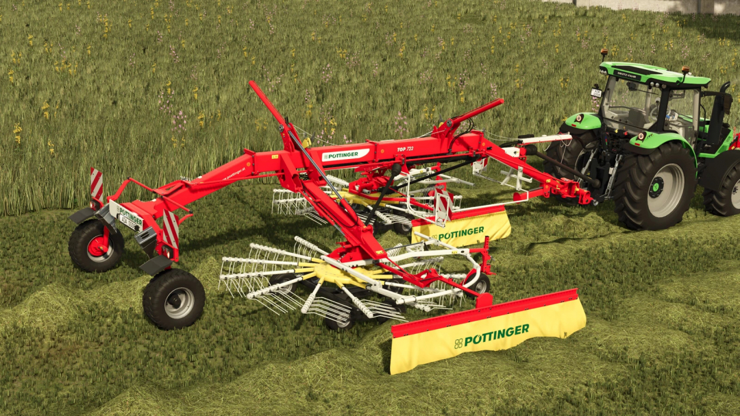 Farming Simulator 25 mod: Pöttinger TOP 722 hay rake attached to a green tractor on a field.