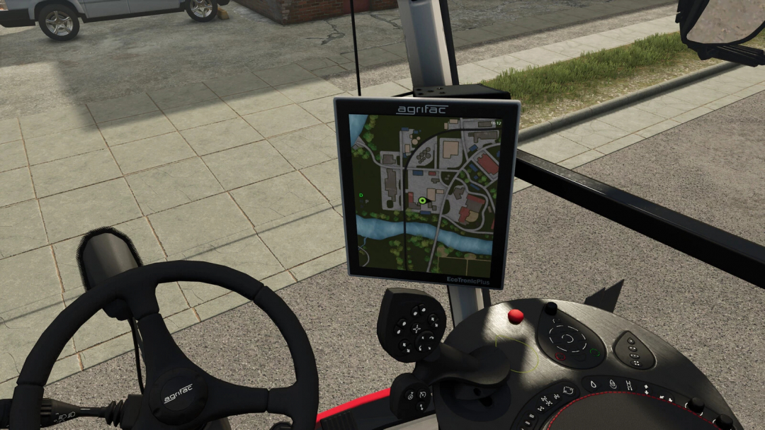 Inside a Farming Simulator 25 tractor cab with a GPS monitor showing navigation on a map, part of the steering wheel and control panel visible.