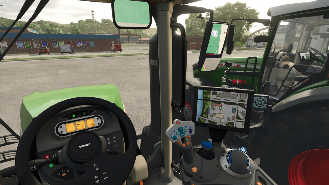 Interior view of a Farming Simulator 25 mod tractor with a GPS display and control panel, part of the FS25 mods collection.