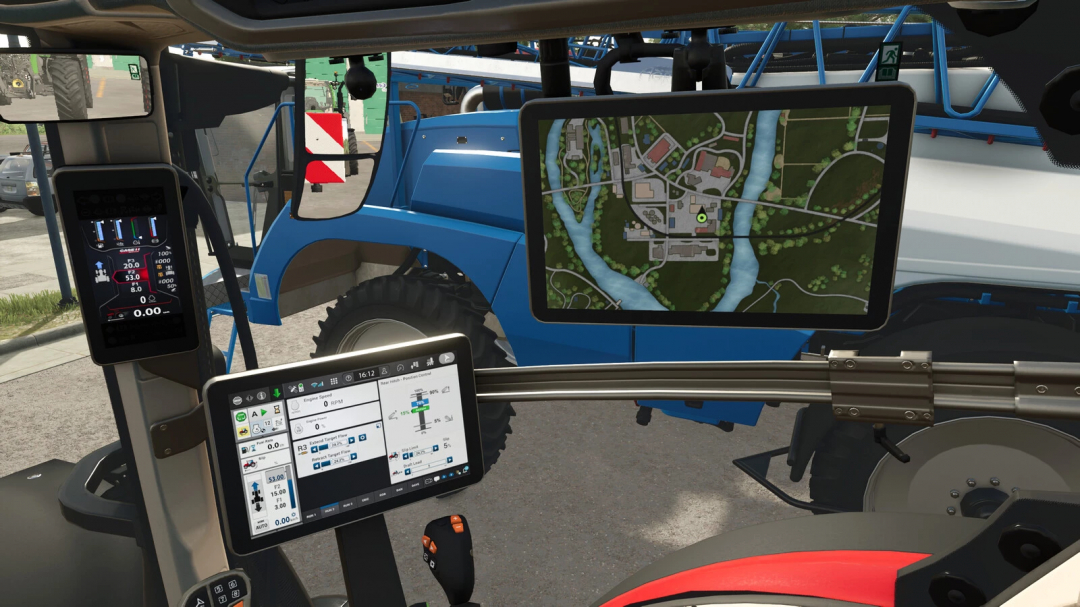 Farming Simulator 25 mod: Inside the cab with GPS and monitoring screens, illustrating the Real GPS Mod v1.0.0.0 for precision farming.