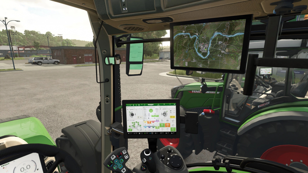 Farming Simulator 25 mod featuring a tractor interior with GPS screens showing detailed maps and farming controls for realistic gameplay.