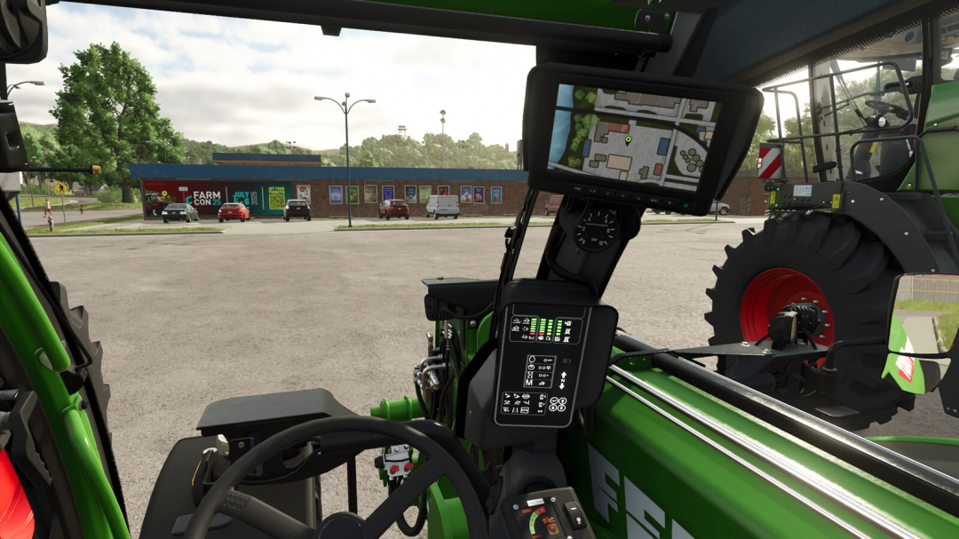 Inside view of a Farming Simulator 25 mod tractor with GPS display and control panel, parked near a commercial building and parking lot.