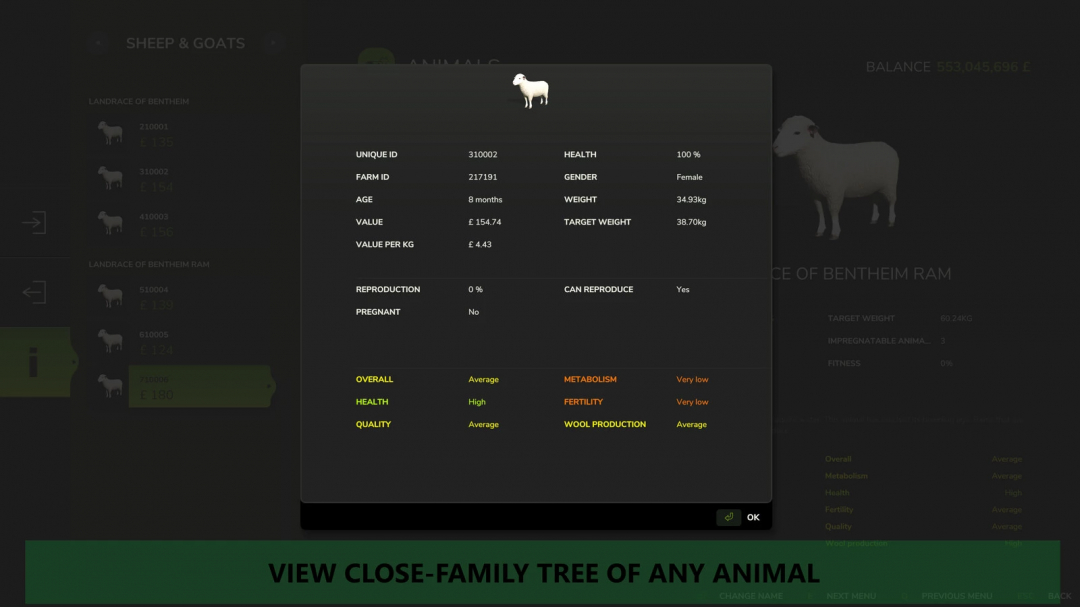 Screenshot from Farming Simulator 25 showing detailed info of a virtual sheep in the Realistic Livestock V1.0.1.2 mod, part of FS25 mods.
