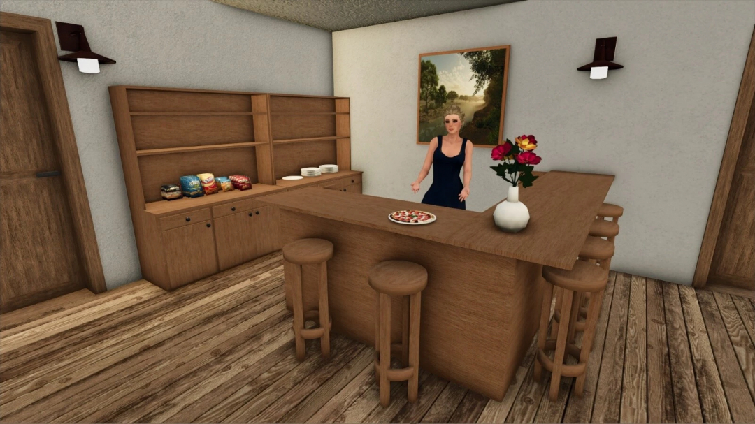 Farming Simulator 25 mod: Virtual kitchen with wooden furniture, bar stools, a pizza on the counter, and a female character.