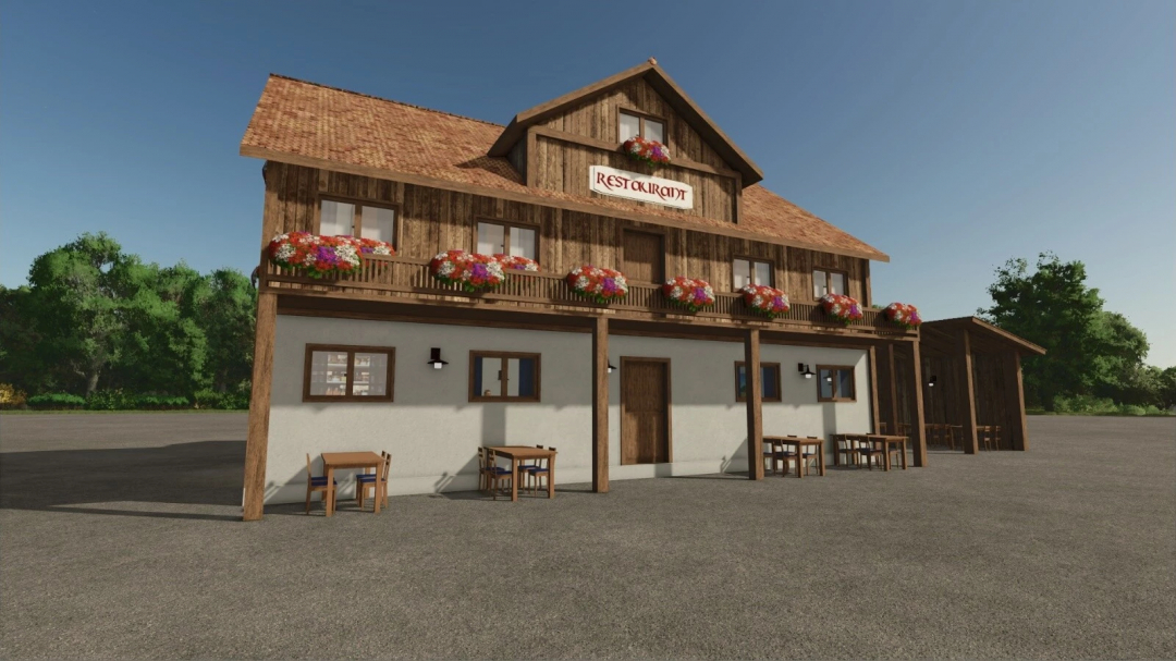 Farming Simulator 25 mod image of a rustic two-story restaurant with wooden accents, flower-decorated balconies, and outdoor seating, part of FS25 mods.