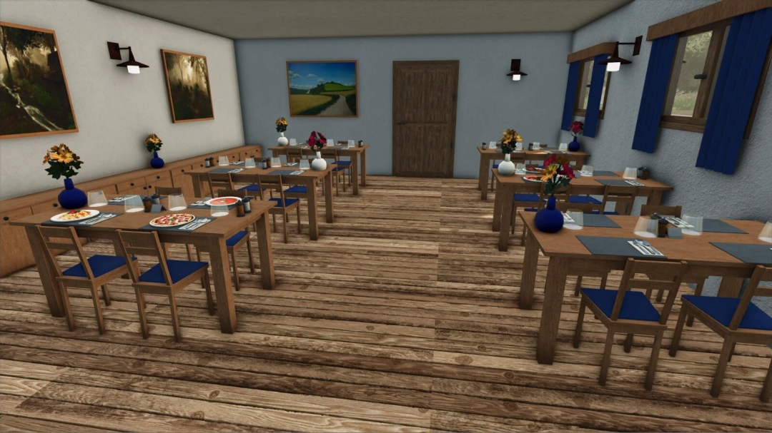 Farming Simulator 25 mod: Interior of a restaurant with wooden tables, chairs, vases with flowers, and paintings on the walls.