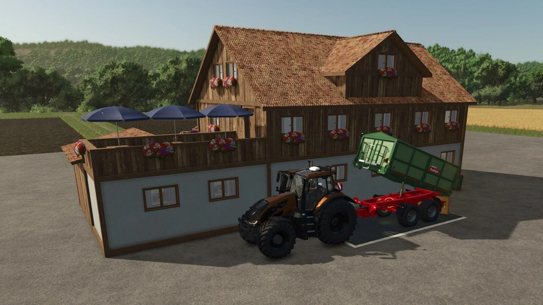 Farming Simulator 25 mod: Rustic wooden house with terrace, flower boxes, tractor, and trailer, featuring a restaurant upgrade.