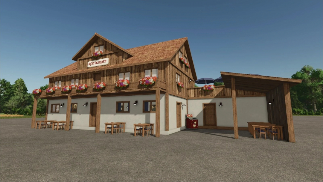 Farmhouse restaurant mod with wooden exterior, flowers, outdoor tables, and FS25 farming simulator style. Suitable for Farming Simulator 25 mods.