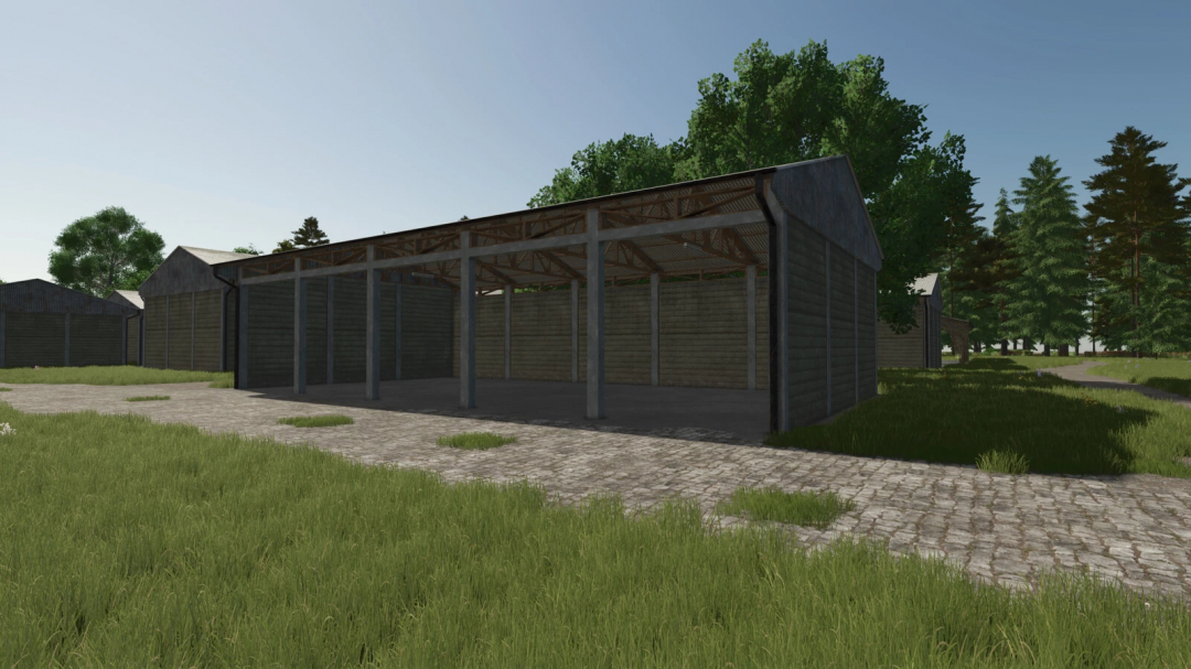 Farming Simulator 25 mod showcasing salvage hall structures with open bays for storage, part of the Salvage Halls Package v1.2.0.0.