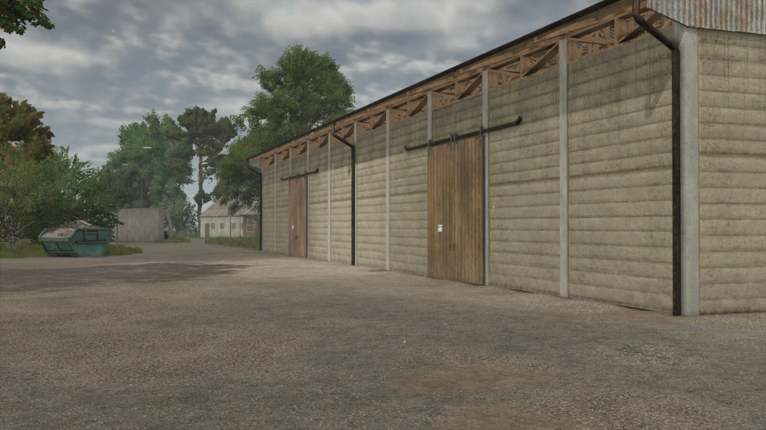 Farming Simulator 25 mods: Exterior view of a large salvage hall with wooden doors, part of the Salvage Halls Package v1.2.0.0 in FS25 mods.