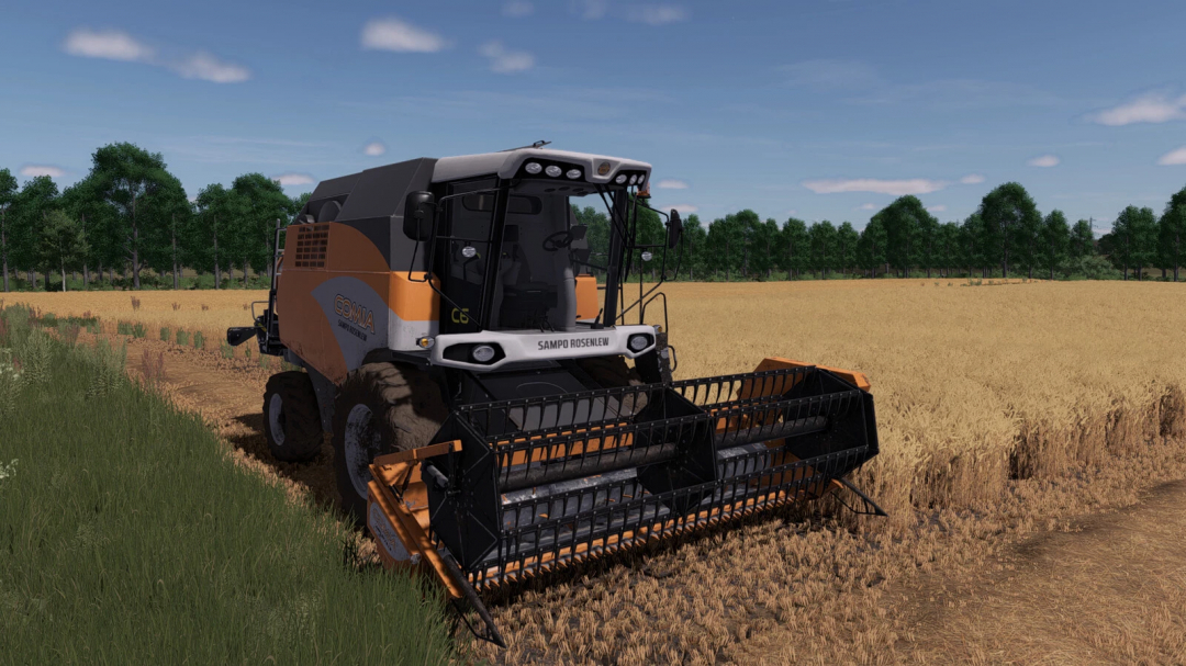 Farming Simulator 25 mod: Sampo Rosenlew Comia C6 crop harvester working in a wheat field.